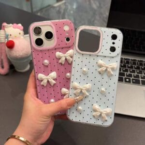 Polka Dot 3D Bow Pearl iPhone Case - Cute Girly Charm