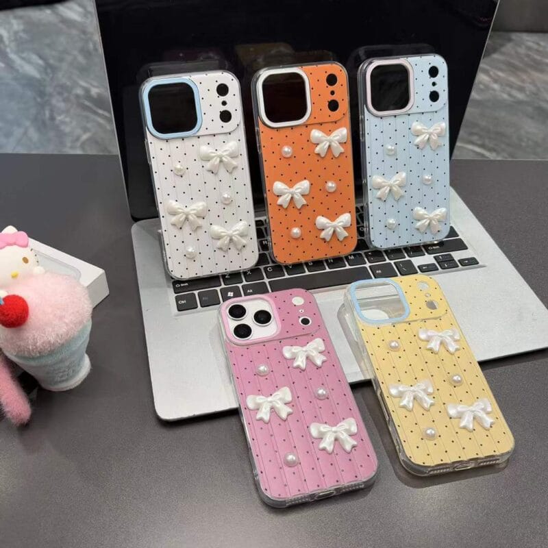 Polka Dot 3D Bow Pearl Phone Case for iPhone 17 Pro Max | Cute Girly Protective Cover