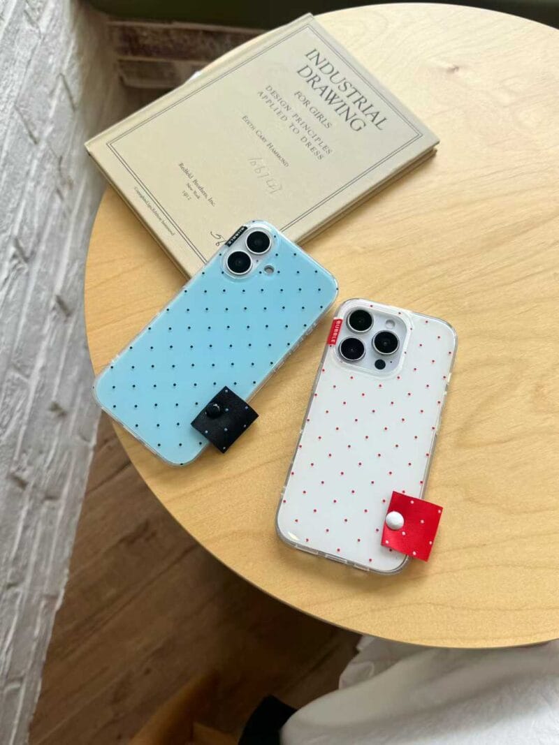 Cute Polka Dot Phone Case with Fabric Button | Aesthetic Protective Cover for iPhone