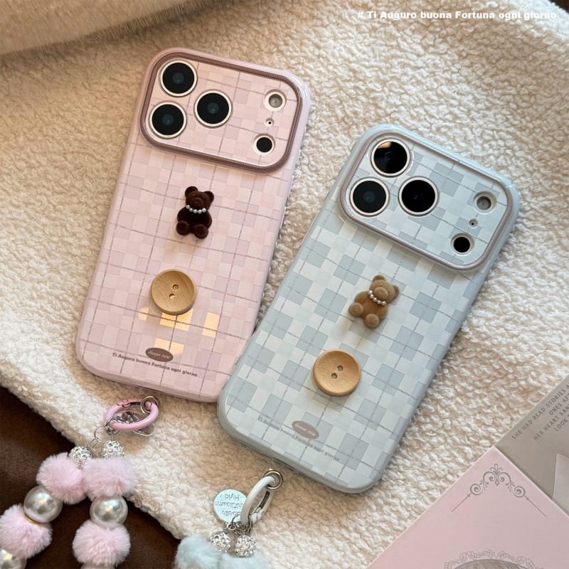 Cute 3D Teddy Bear Checkered iPhone Case | Protective Cover for iPhone 17 Pro Max/16/15