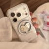Clear Floral Print Heart Mirror Ring Holder Case | Shockproof Bumper for iPhone