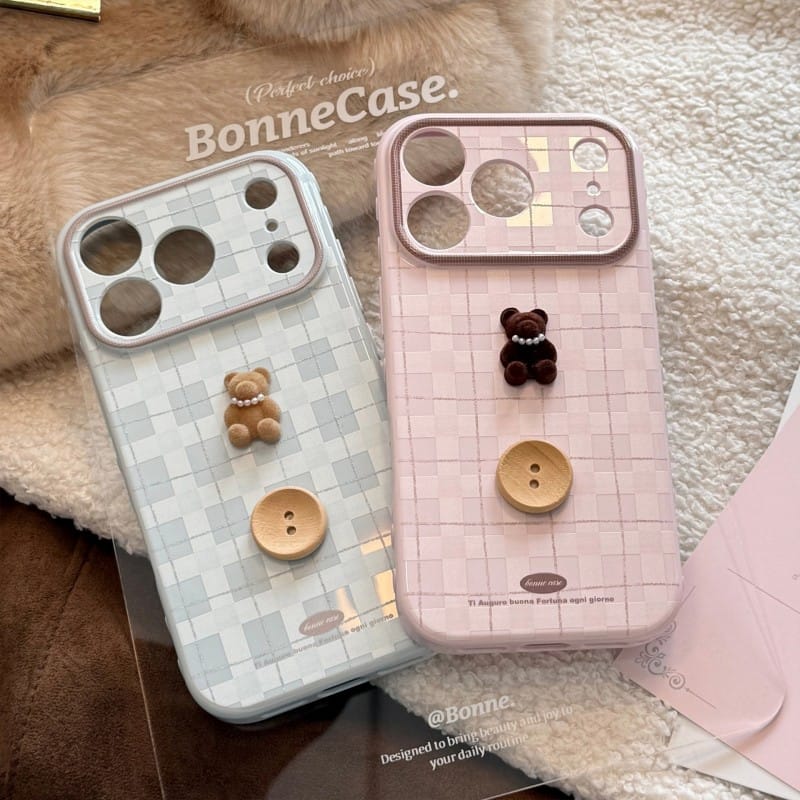 Cute 3D Teddy Bear Checkered iPhone Case | Protective Cover for iPhone 17 Pro Max/16/15