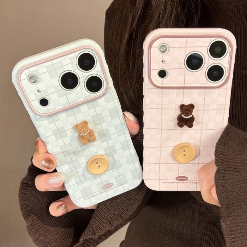 Cute 3D Teddy Bear Checkered iPhone Case | Protective Cover for iPhone 17 Pro Max/16/15