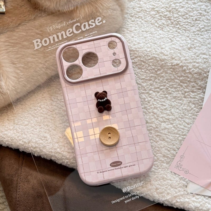 Cute 3D Teddy Bear Checkered iPhone Case | Protective Cover for iPhone 17 Pro Max/16/15