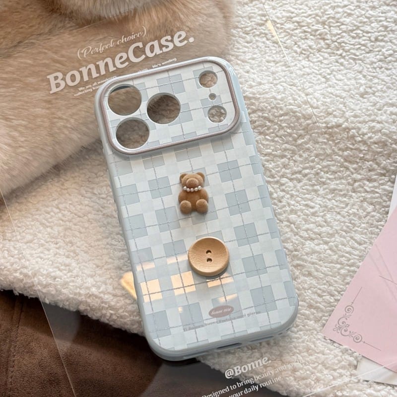 Cute 3D Teddy Bear Checkered iPhone Case | Protective Cover for iPhone 17 Pro Max/16/15