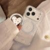 Clear Floral Print Heart Mirror Ring Holder Case | Shockproof Bumper for iPhone