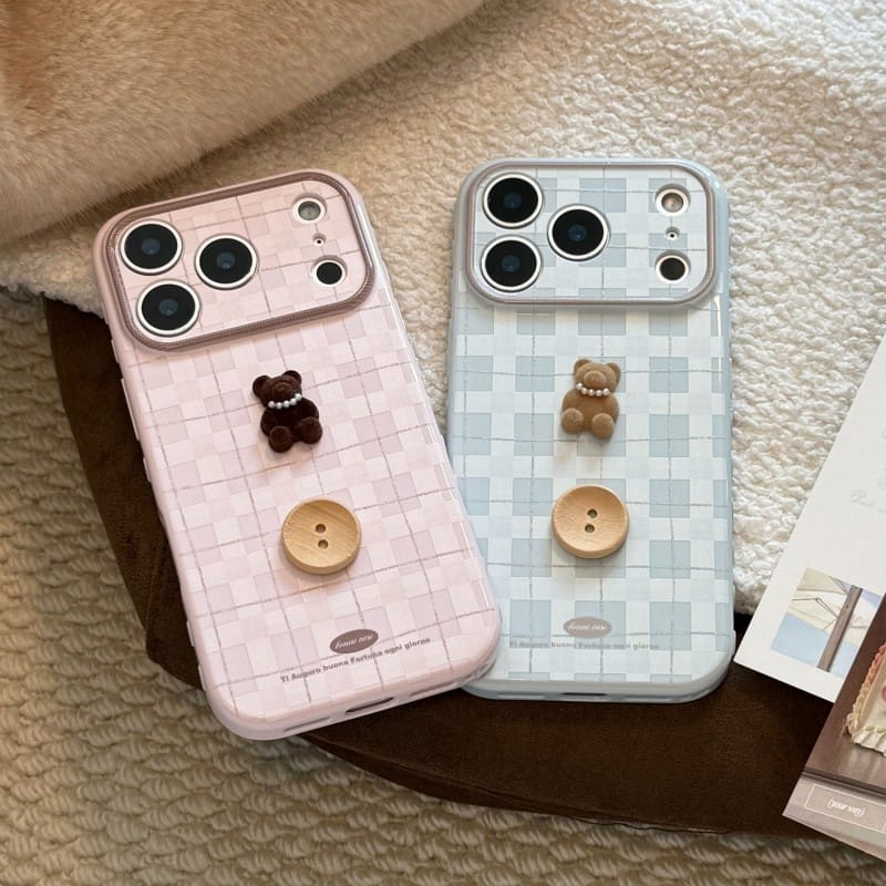 Cute 3D Teddy Bear Checkered iPhone Case | Protective Cover for iPhone 17 Pro Max/16/15