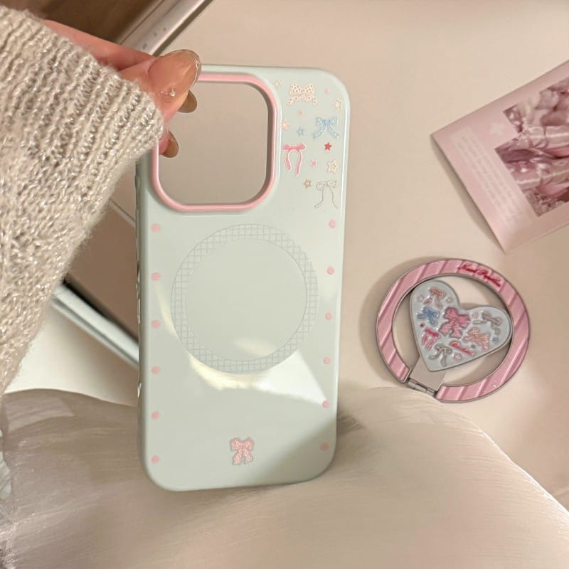 Pastel Bow Heart Mirror Ring Stand iPhone Case | Coquette Protective Cover