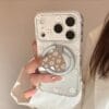 Clear Floral Print Heart Mirror Ring Holder Case | Shockproof Bumper for iPhone