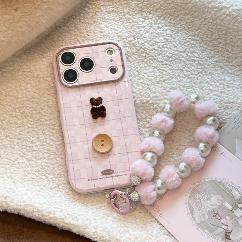 Cute 3D Teddy Bear Checkered iPhone Case | Protective Cover for iPhone 17 Pro Max/16/15