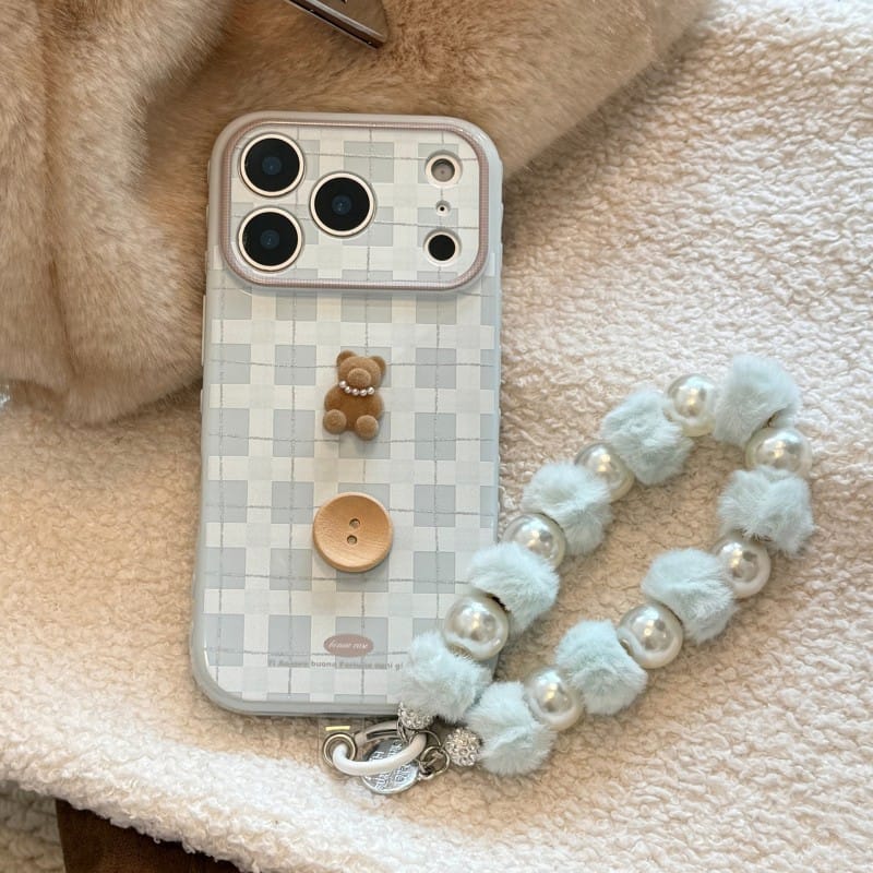 Cute 3D Teddy Bear Checkered iPhone Case | Protective Cover for iPhone 17 Pro Max/16/15