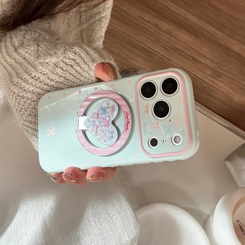 Pastel Bow Heart Mirror Ring Stand iPhone Case | Coquette Protective Cover