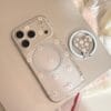 Clear Floral Print Heart Mirror Ring Holder Case | Shockproof Bumper for iPhone