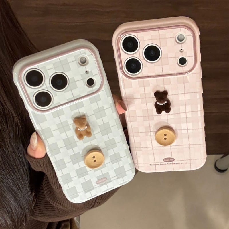 Cute 3D Teddy Bear Checkered iPhone Case | Protective Cover for iPhone 17 Pro Max/16/15