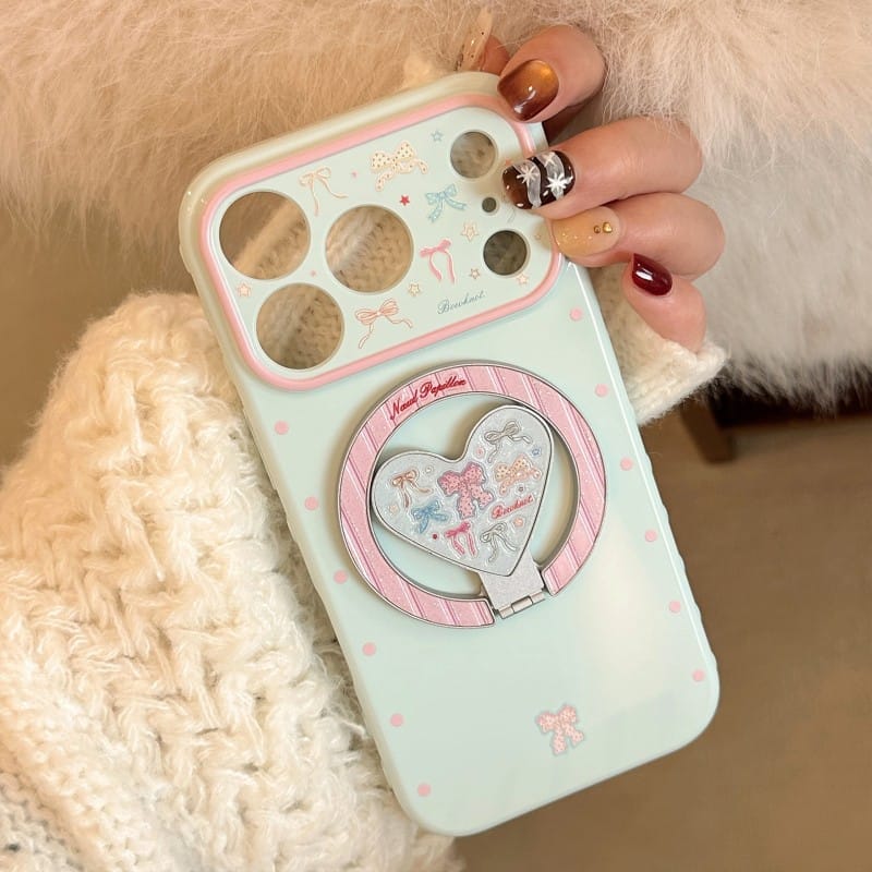 Pastel Bow Heart Mirror Ring Stand iPhone Case | Coquette Protective Cover