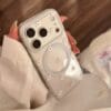Clear Floral Print Heart Mirror Ring Holder Case | Shockproof Bumper for iPhone