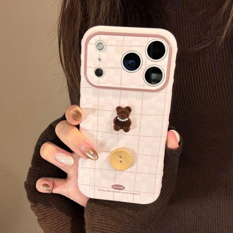 Cute 3D Teddy Bear Checkered iPhone Case | Protective Cover for iPhone 17 Pro Max/16/15