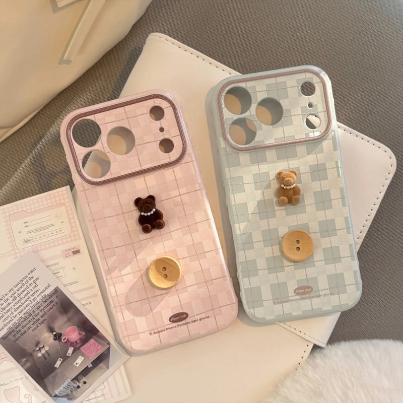 Cute 3D Teddy Bear Checkered iPhone Case | Protective Cover for iPhone 17 Pro Max/16/15