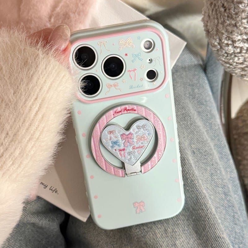 Pastel Bow Heart Mirror Ring Stand iPhone Case | Coquette Protective Cover