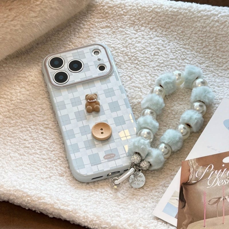 Cute 3D Teddy Bear Checkered iPhone Case | Protective Cover for iPhone 17 Pro Max/16/15