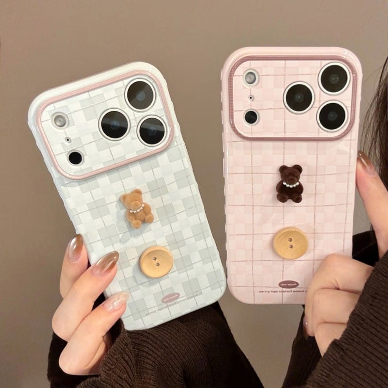 Cute 3D Teddy Bear Checkered iPhone Case | Protective Cover for iPhone 17 Pro Max/16/15
