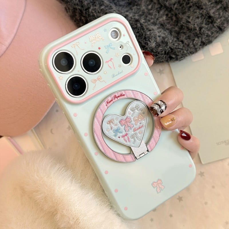 Pastel Bow Heart Mirror Ring Stand iPhone Case | Coquette Protective Cover