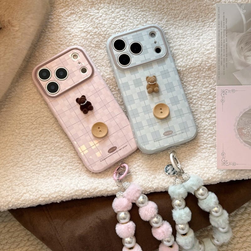 Cute 3D Teddy Bear Checkered iPhone Case | Protective Cover for iPhone 17 Pro Max/16/15
