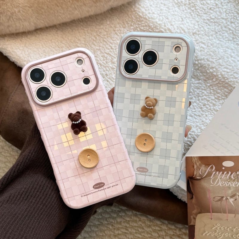 Cute 3D Teddy Bear Checkered iPhone Case | Protective Cover for iPhone 17 Pro Max/16/15