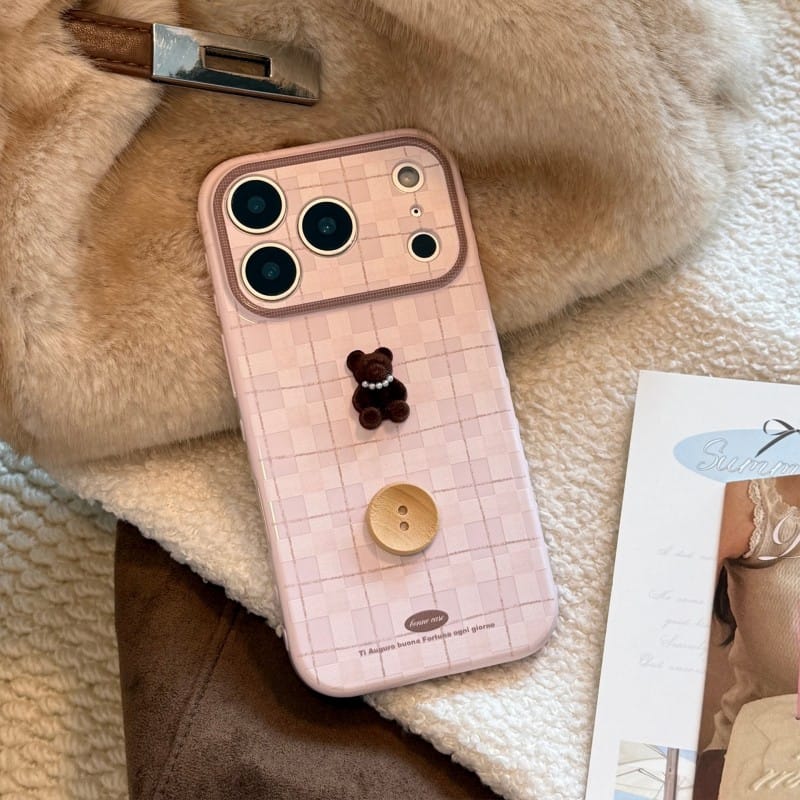 Cute 3D Teddy Bear Checkered iPhone Case | Protective Cover for iPhone 17 Pro Max/16/15