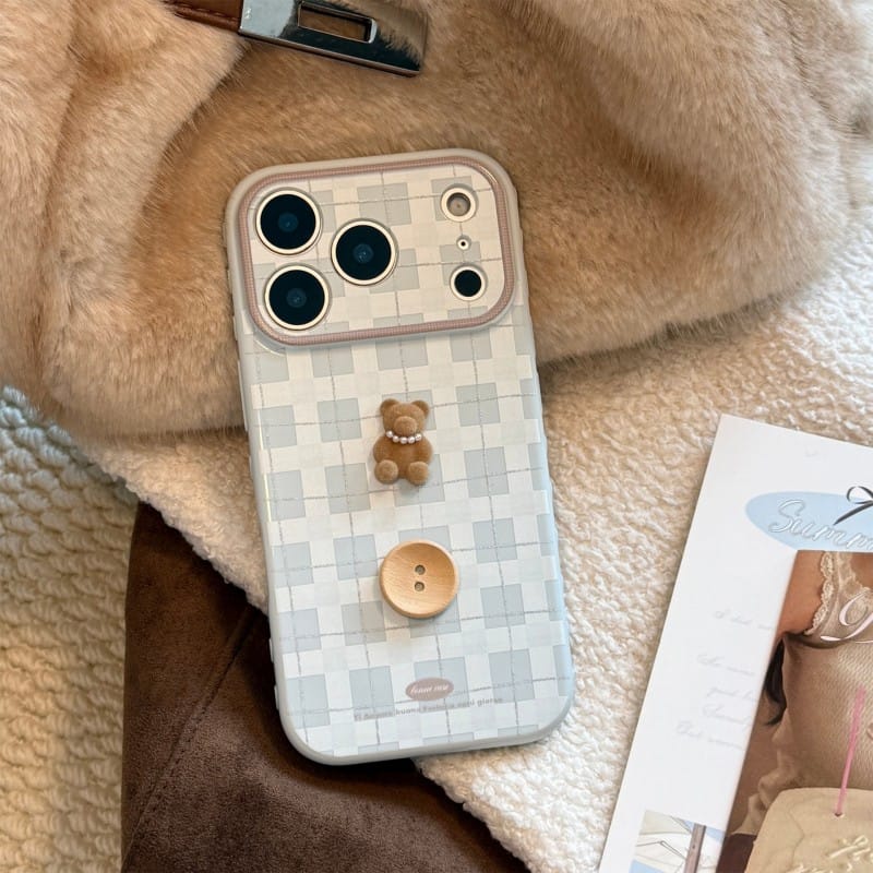 Cute 3D Teddy Bear Checkered iPhone Case | Protective Cover for iPhone 17 Pro Max/16/15